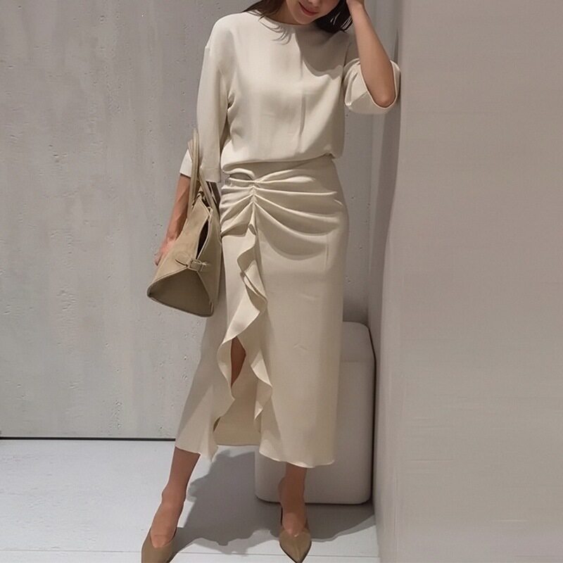 Summer Casual Solid Color Split Hem Pleated Dress for Women Lightweight Comfortable Vacation Style Wholesale Available