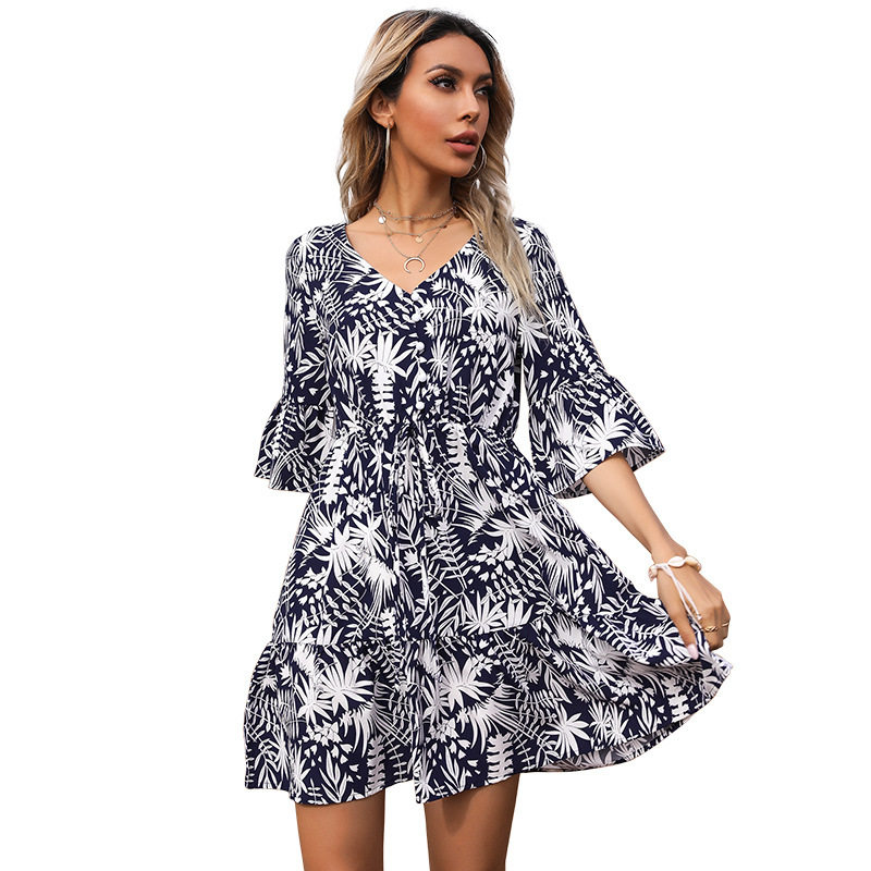 Tropical Print Short Sleeve Dress Summer Vacation Style Womens Casual Wear Wholesale Available