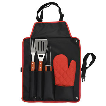 Factory Direct Stainless Steel Grill 5-piece barbecue wooden handle fork shovel clip apron Grill