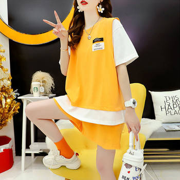 Fashionable Age-reducing Short-sleeved Shorts Sports Suit Women's Summer Korean-style Loose Slimming Casual Style Wide-leg Pants Two-piece Set