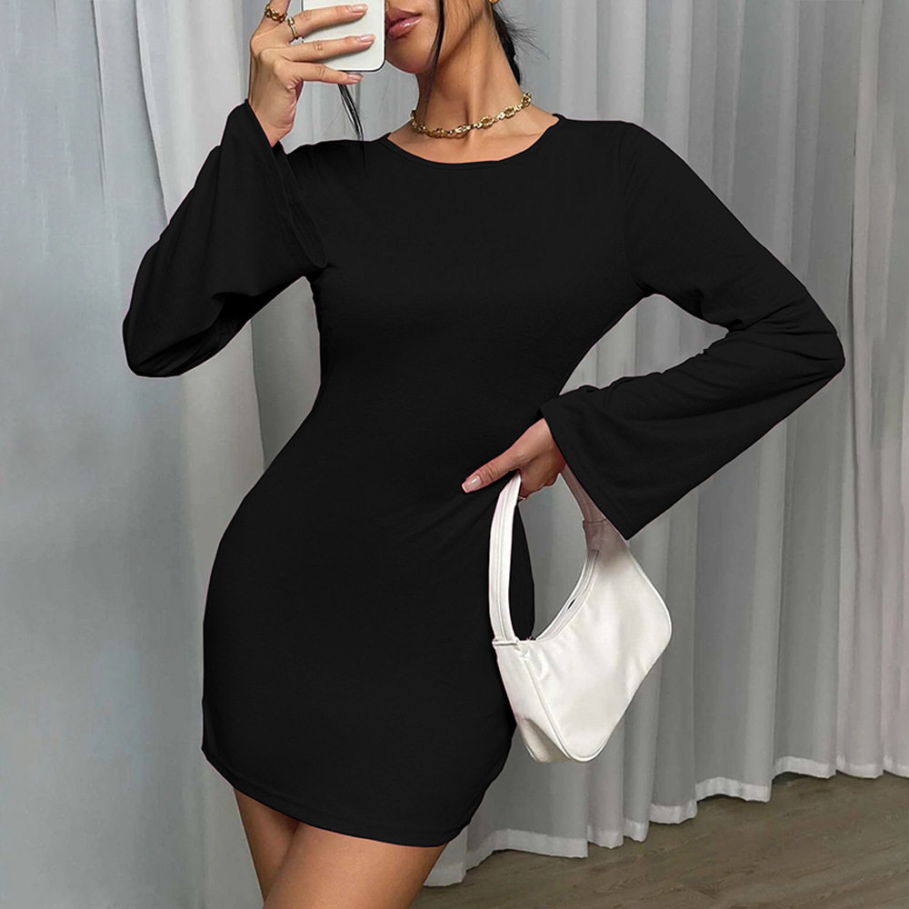 Womens Long Sleeve Bodycon Dress Sexy Backless Round Neck Flared Sleeve Perfect for Parties and Events OEM