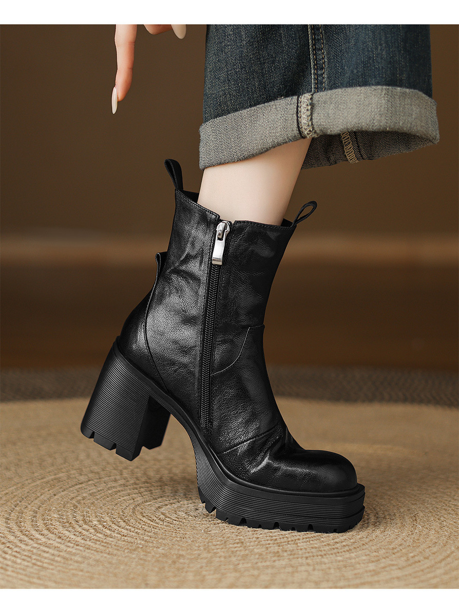 Boot Chelsea nữ gót cao đế dày mũi vuông lót lông cổ V — Lớp lót đơn màu đen, Lớp lót đơn màu nâu