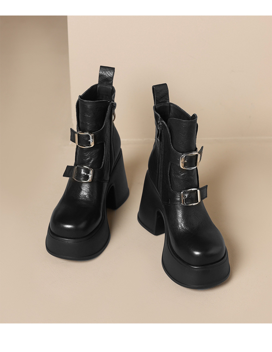 Boot nữ cổ thấp da bò thật khóa kéo bên hông, đế dày tăng chiều cao — Lớp lót đơn màu đen, Lớp lót đơn màu nâu, nhung đen, Nhung nâu