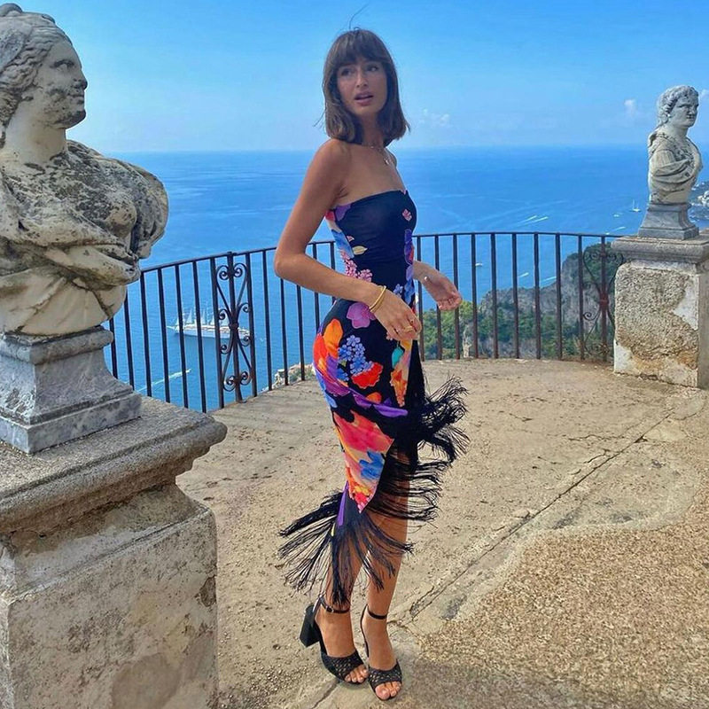 Summer Womens Strapless Dress Floral Print Fringe Hem Mid Length Beach Vacation Style Wholesale Available