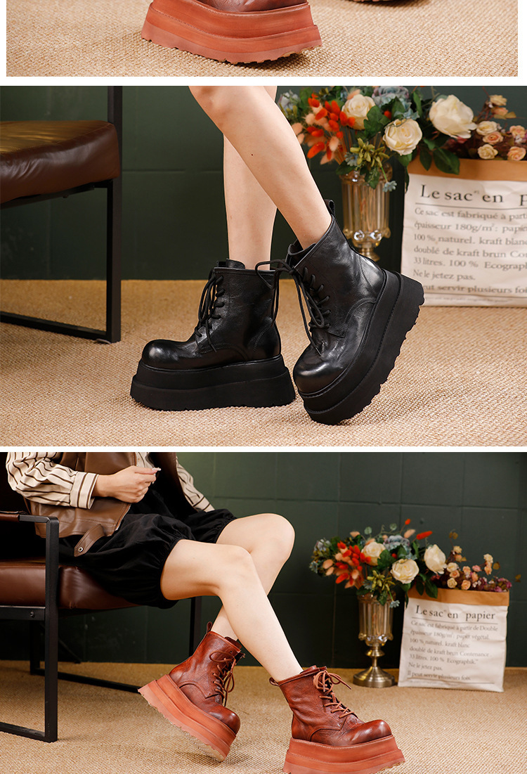 Boot Martin nữ cổ ngắn đế dày, da bò thật buộc dây — đen, nâu