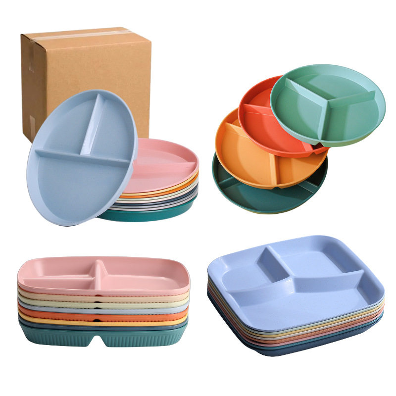 Wheat straw grid plate suit quantitative three grid plate round high color value fat reduction plate plastic plate wholesale