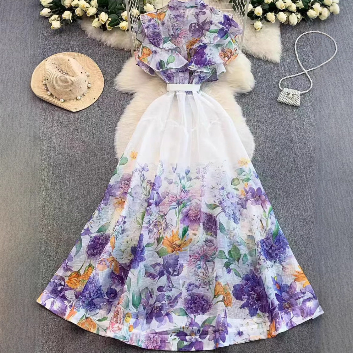 Elegant Ruffled Sleeve Dress Spring Fall Floral Print Rhinestone Button Tie Waist Flared Hem Perfect for Vacations