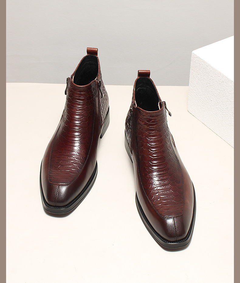 Boot cổ trung da bò dập vân cá sấu khóa kéo đôi phong cách cổ điển — Lớp lót nhung đen, Màu đen lót da, Đỏ rượu bên trong da