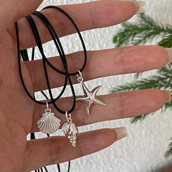 Black leather rope metal love starfish shell conch pendant necklace female niche design retro sweet cool clavicle chain