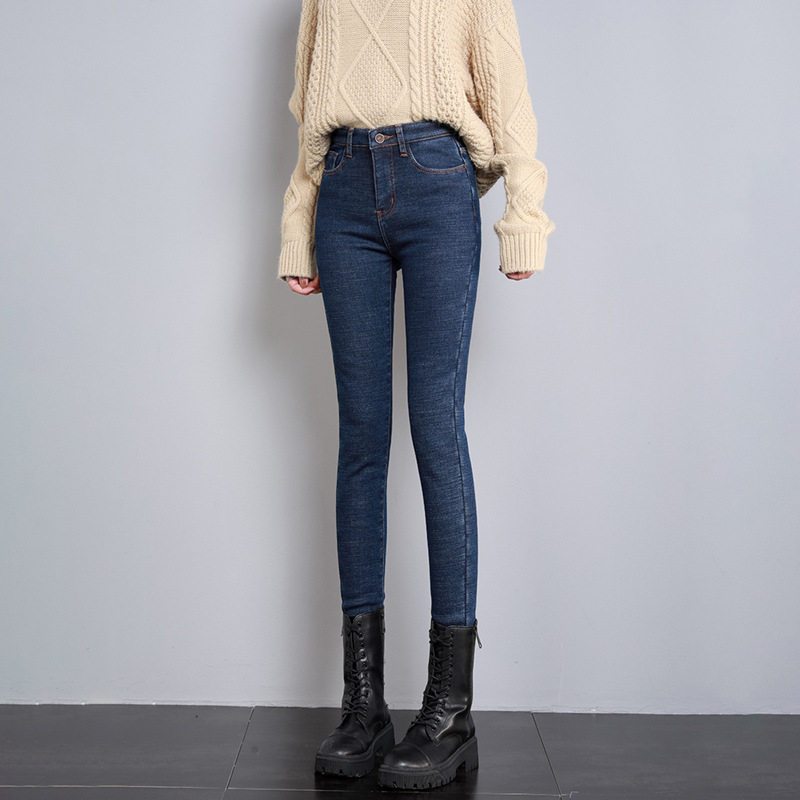 High Waisted Vintage Denim Pants Thickened Fleece Lined Slim Fit Autumn Winter Womens Fashion Wholesale Available