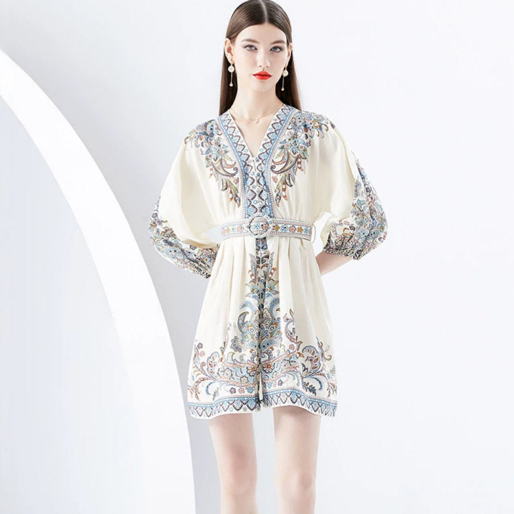 French Style Floral Dress V Neck Puff Sleeves Waist Cinching Design Elegant Occasion Wear for Women Wholesale