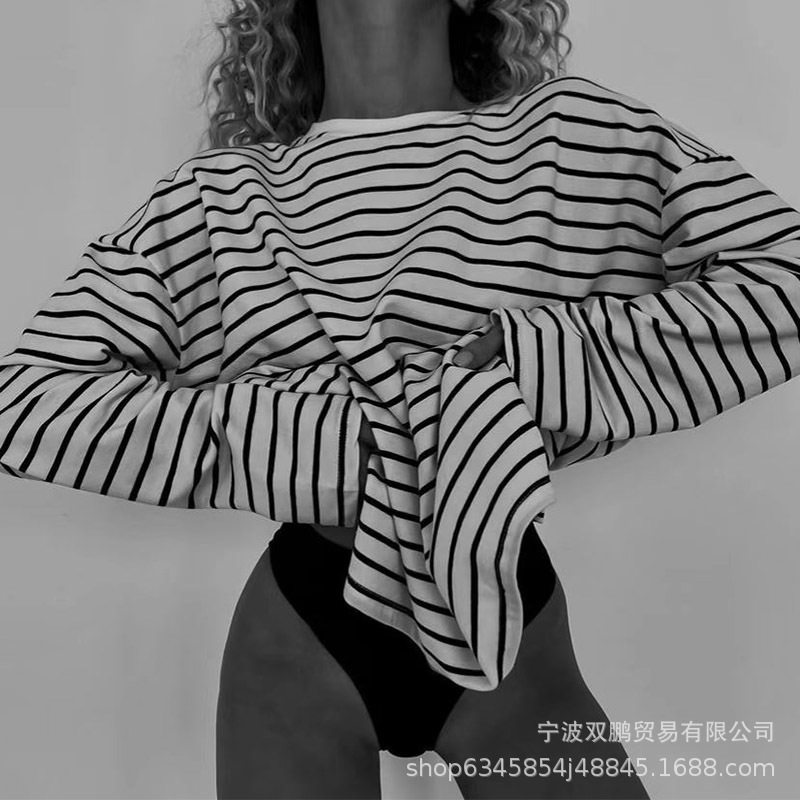 Womens Striped Loose Fit Cotton T Shirt Casual Long Sleeve Round Neck Side Slit Spring Summer Fashion Wholesale