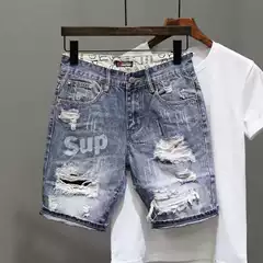 Summer Internet Celebrant Men's Denim Shorts with Hole Trendy Brand Distinctive Print Slim-fit Spiritual All-match Five-point Pants for Young Men