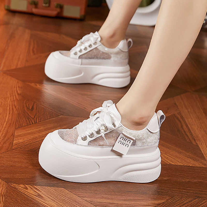Giày sneaker nữ chunky đế dày trắng platform hở lưng — Hồng vàng, Trắng