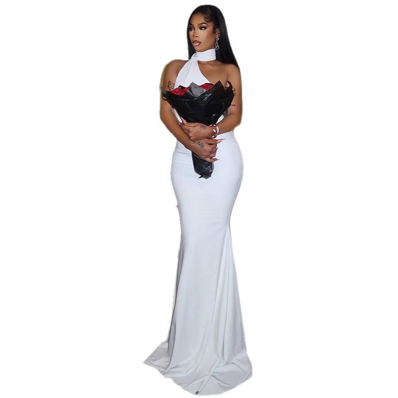 Elegant Solid Color Long Asymmetrical Bodycon Dress with Ruffles Backless Slim Fit Perfect for Evening Parties