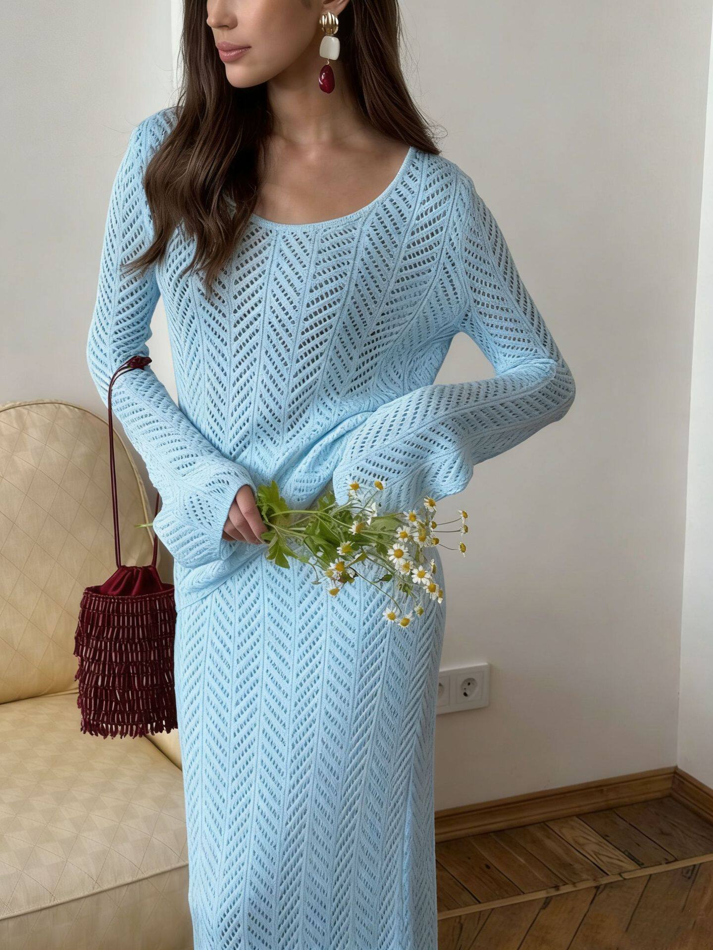 Two Piece Set Hollow Knit Skirt and Long Sleeve Top French Vacation Style Cotton Casual Ready to Ship