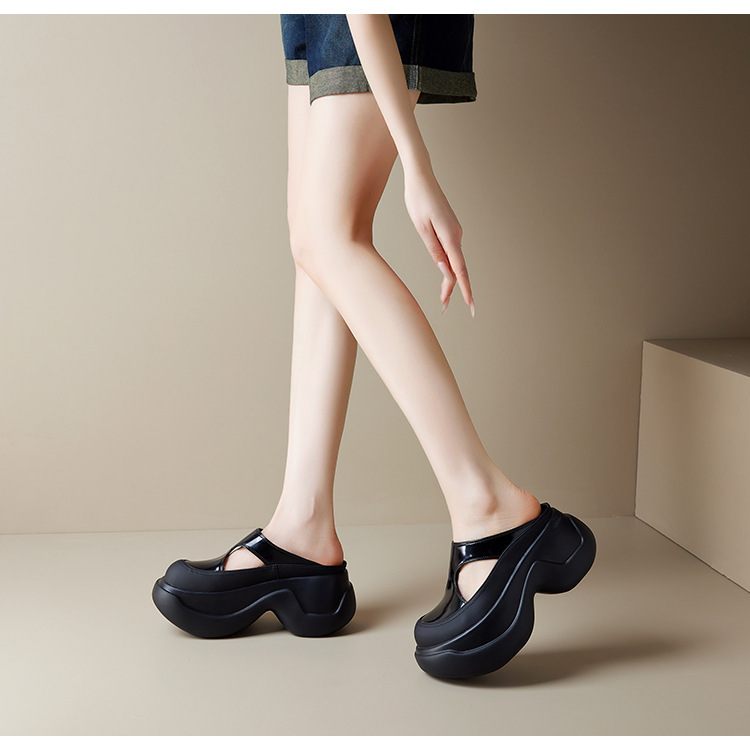 Sandal nữ bít mũi da bò đục lỗ đế xuồng tăng chiều cao — Màu bạc, Màu đen, Màu trắng be