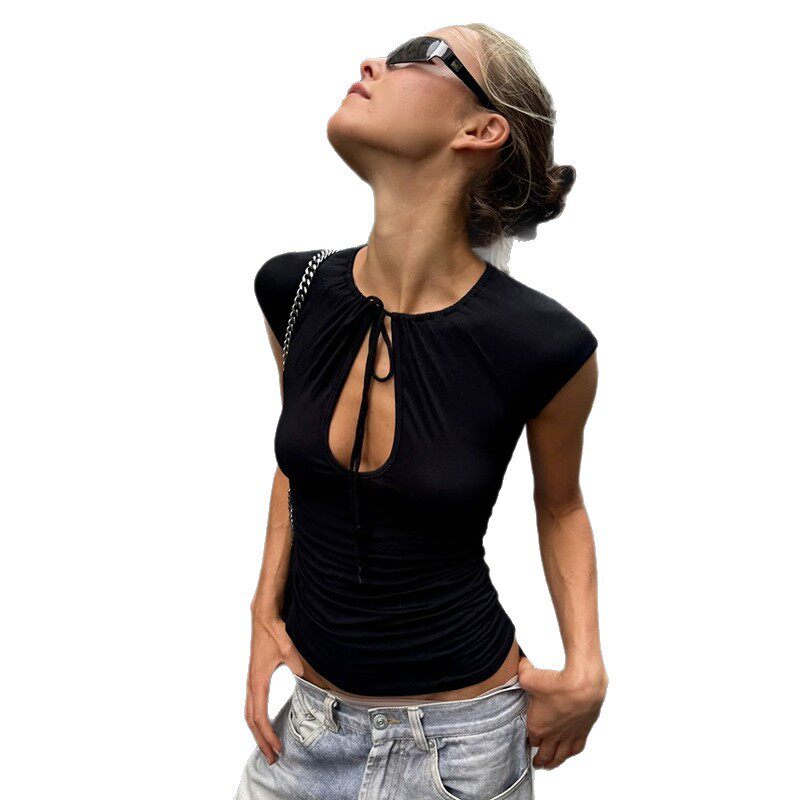Casual Slim Fit Short Sleeve Top for Women Sexy Lace Up Design Summer Fashion Wholesale Available