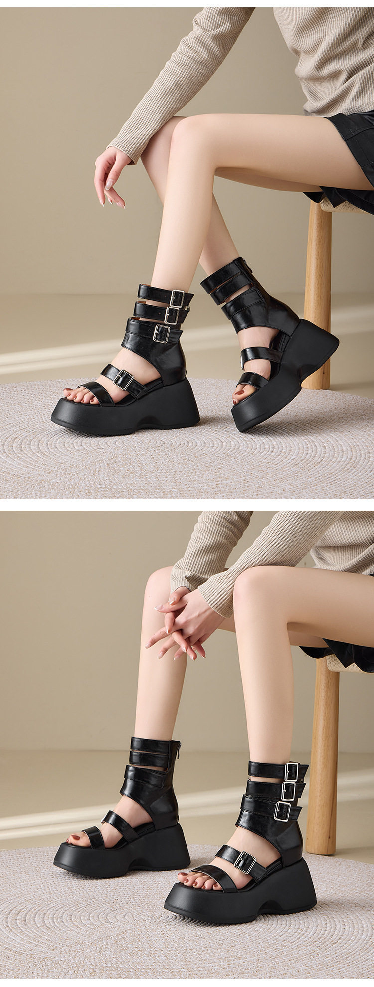 Sandal cao gót nữ hở mũi quai ngang đế dày 8 cm phong cách La Mã da bò mềm — [Trắng kem], [Đen] chi tiết 7