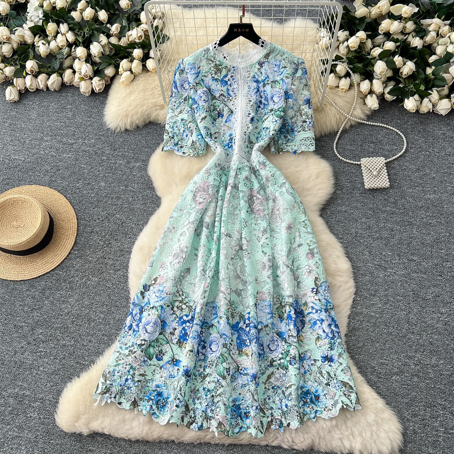 Elegant French Style Gradient Print Dress for Women Summer Hollow Out Lace Details Long Length Perfect for Formal