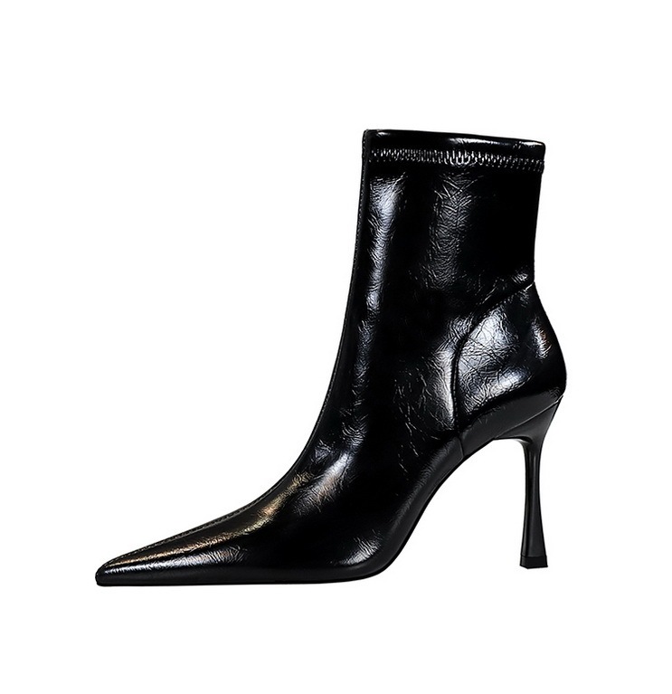Boot nữ cổ thấp gót nhọn siêu cao mũi nhọn khóa kéo bên phong cách Âu Mỹ — Cà phê lót nhung, Cà phê lót trong, Đen lót một lớp, Màu đen lót nhung