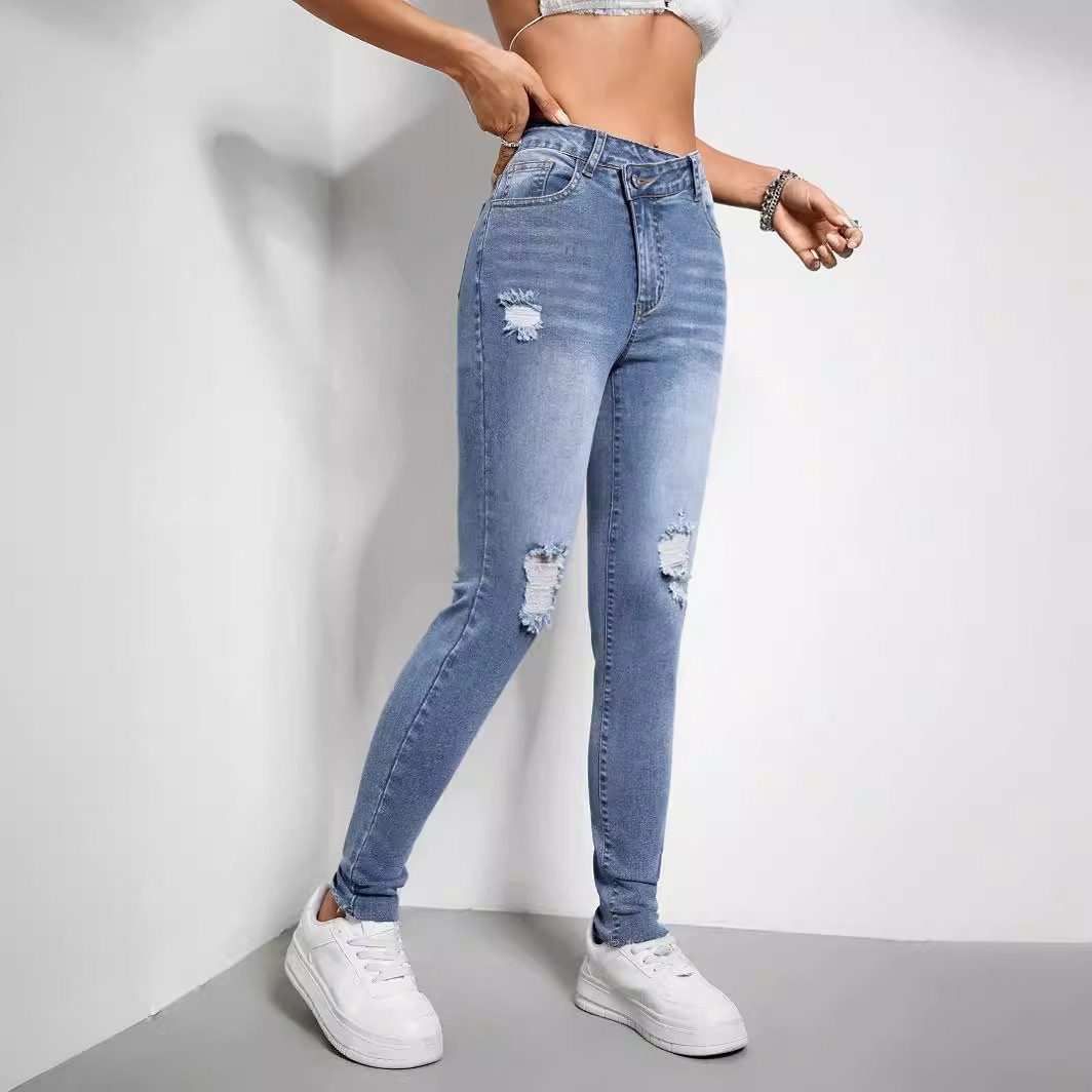 Skinny Fit Ripped Denim Jeans Stretch Fabric Casual Style Womens Fashion Wholesale Available