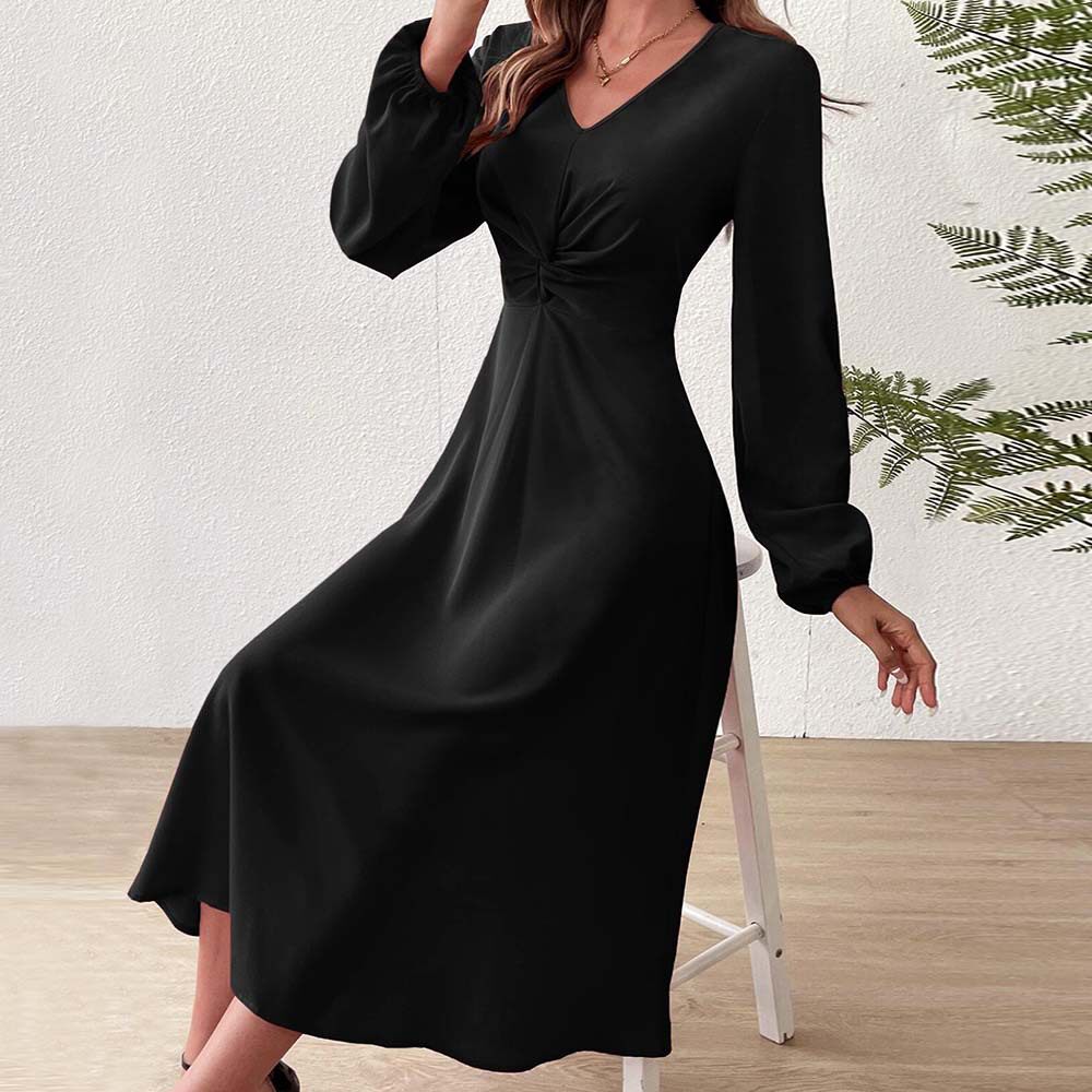 French Style V Neck Midi Dress Elegant A Line Silhouette High Waist Autumn Winter Fashion Wholesale Available