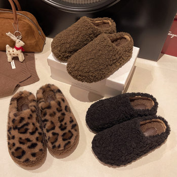 Platform Thick-Soled Toe-Toe Furry Slippers for Women's Outer Wear 2025 Autumn and Winter New Style Warm Fleece-Lined Slip-On Cotton Slippers