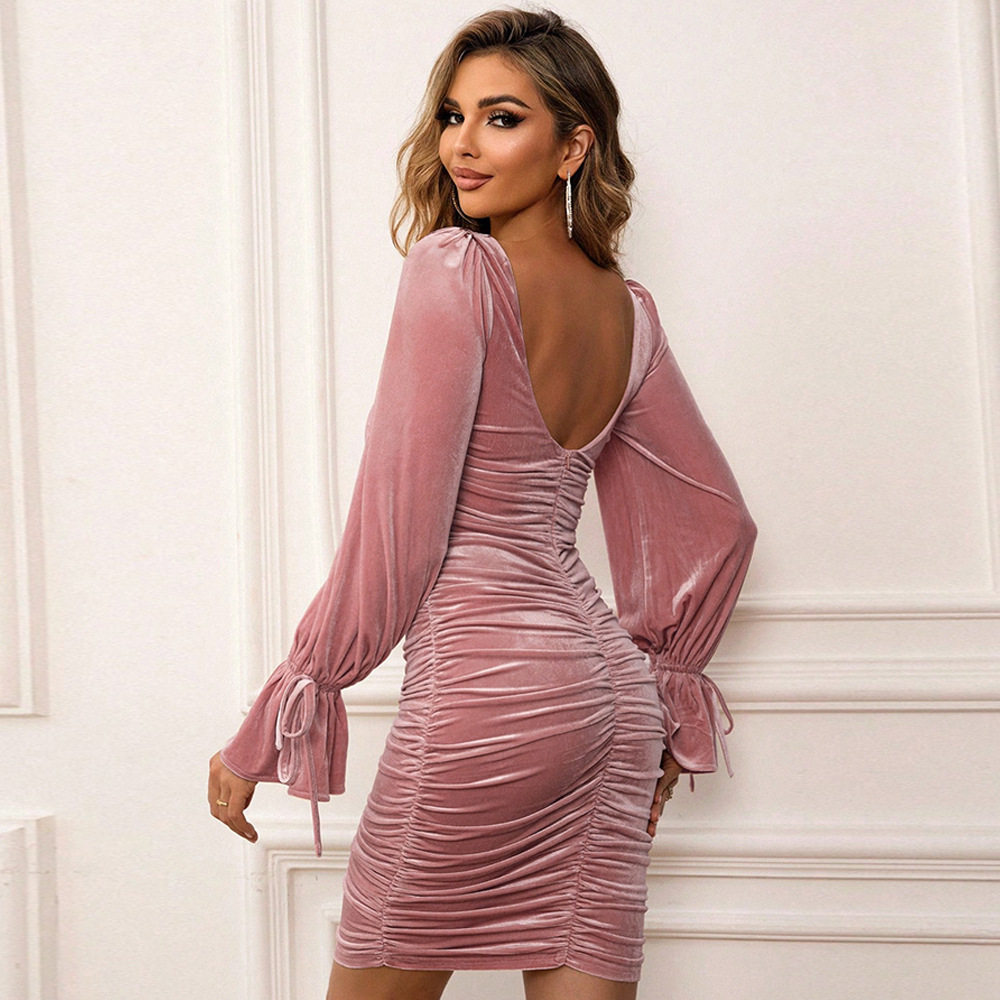 Vintage French Style Bodycon Velvet Dress Square Neck Waist Defined Solid Color Spring Summer Fashion Wholesale