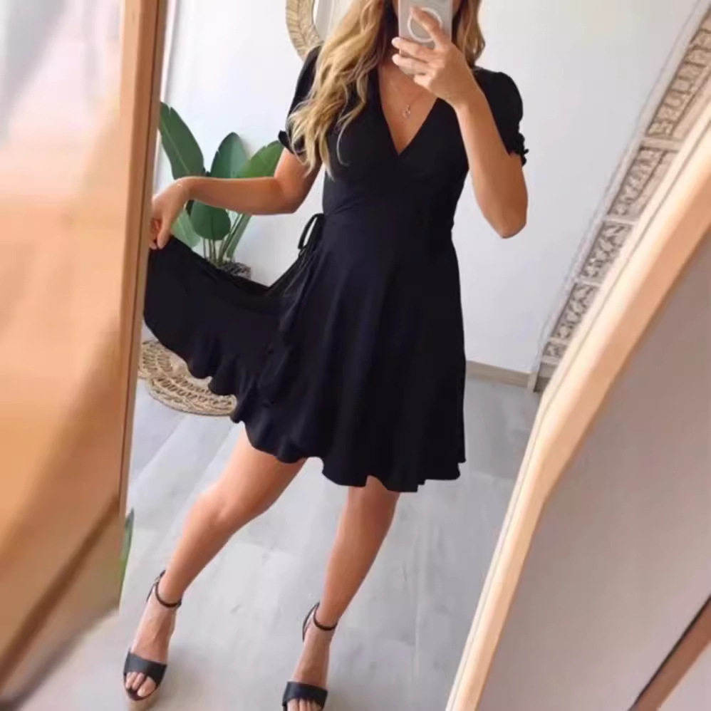 Summer Womens Dress Solid Color Short Sleeve V Neck Ruffle Hem Casual Wear for Parties or Daily Outings OEM