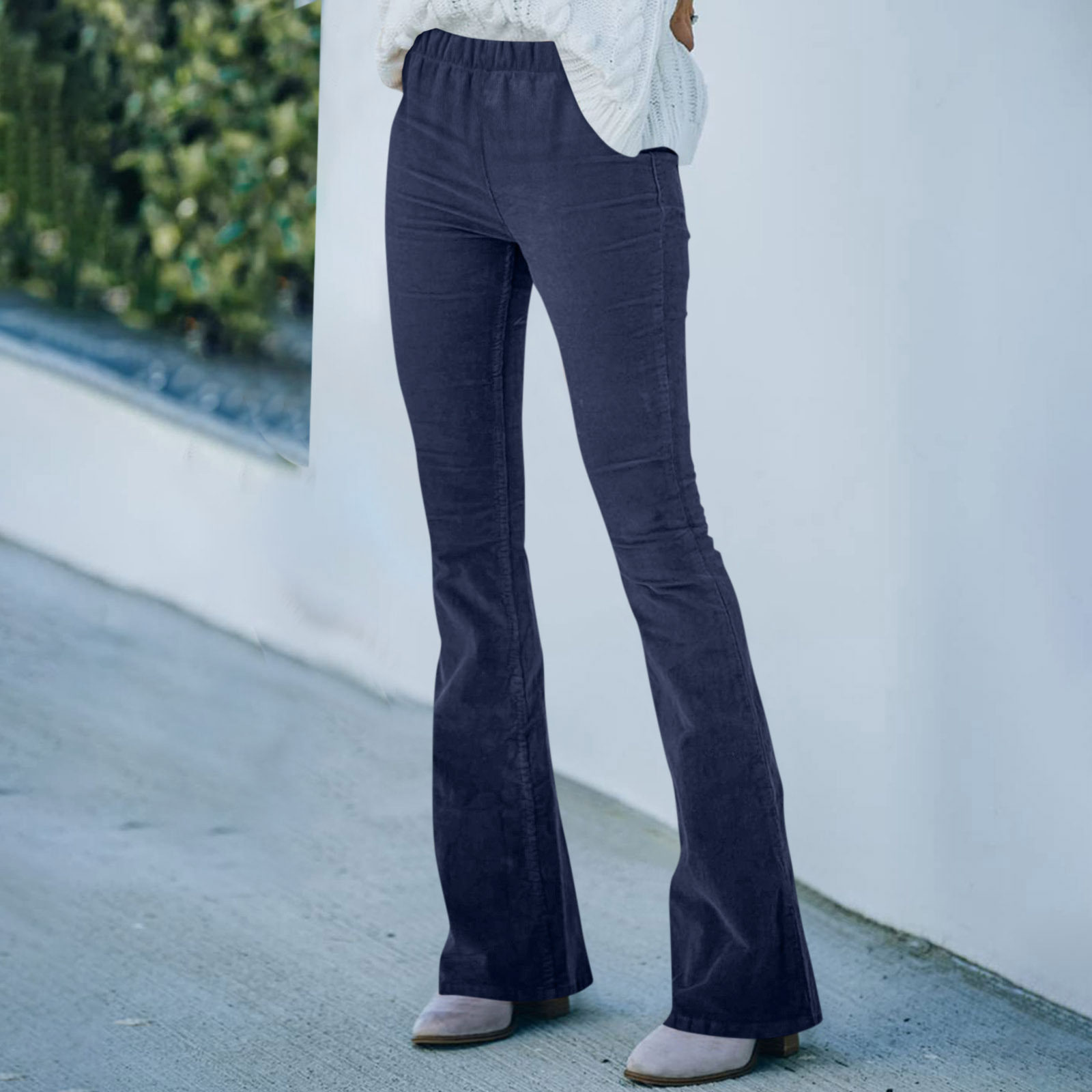 High Waisted Corduroy Slim Fit Flare Pants Solid Color Elastic Waist Casual Style Spring Summer Collection