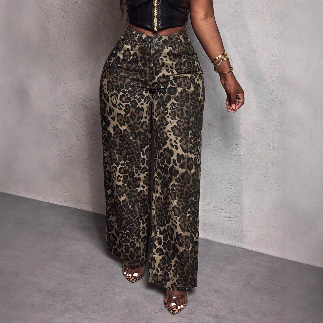 High Waisted Wide Leg Jeans Leopard Print Straight Cut Casual Style Wholesale Availability low MOQ