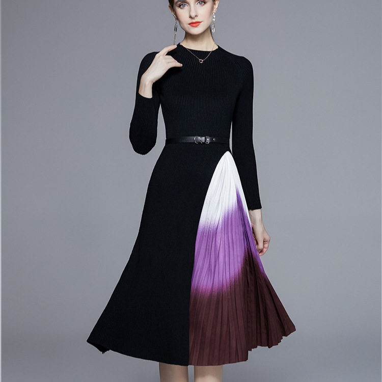 Elegant French Style Knit Color Block Pleated Midi Dress for Women Slim Fit Waist Defining Fall Fashion Wholesale