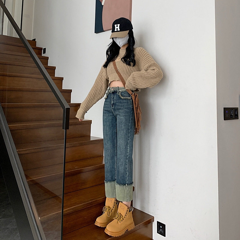 High Waisted Vintage Frayed Cigarette Jeans for Women Versatile Straight Leg Unique Design Spring Autumn Wholesale