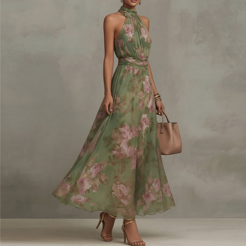 Elegant Floral Print Halter Neck Dress Spring Collection Waist Defining Chic Style Perfect for Parties or Casual