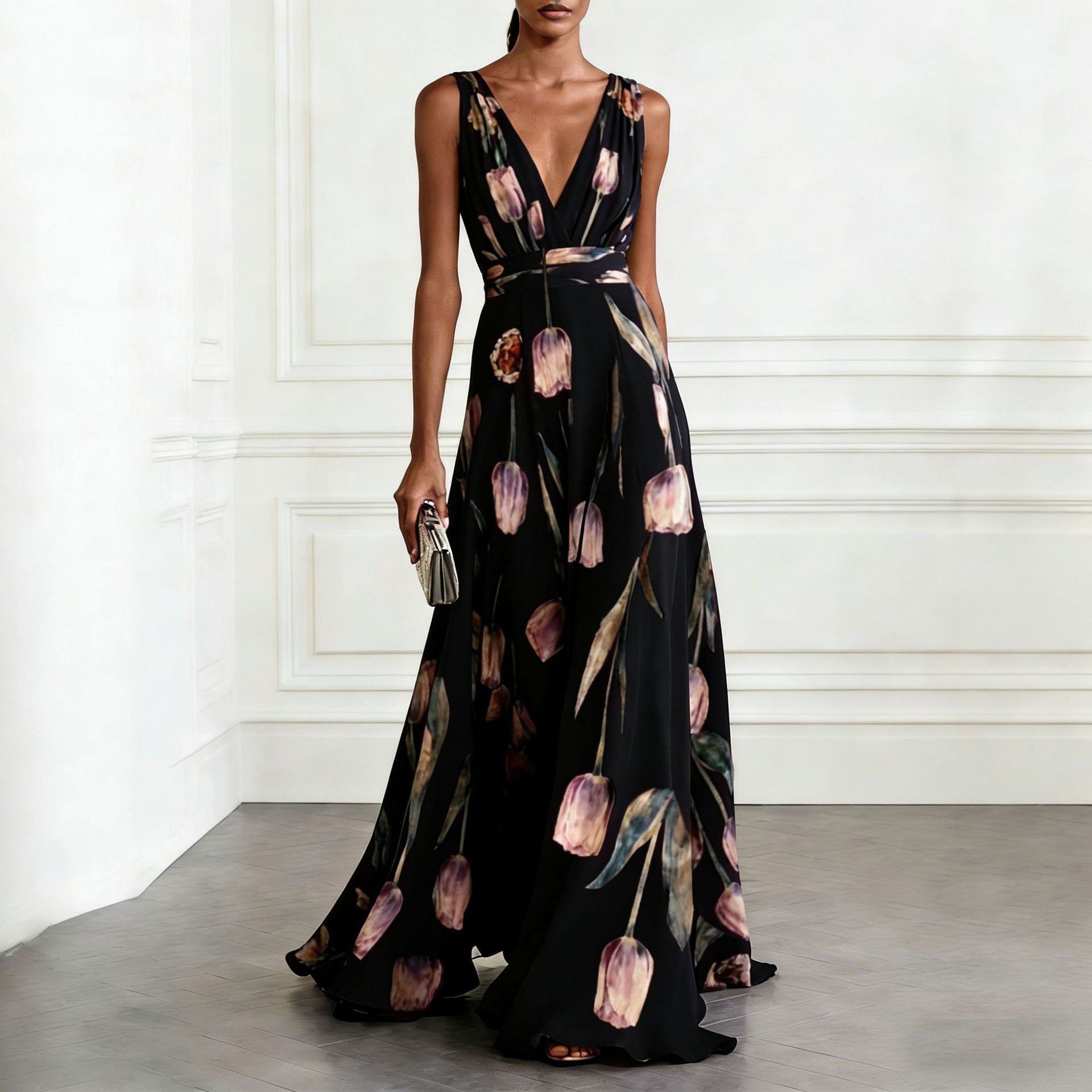 Floral Maxi Dress Summer Style Loose Fit V Neck Sleeveless Waist Defined Casual Wear Wholesale Available