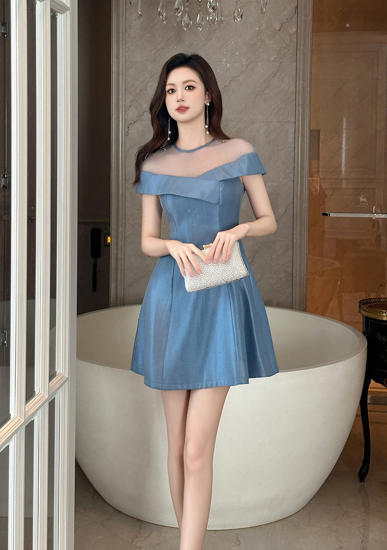 Đầm suông nữ midi cổ tròn tay ngắn chất liệu satin cao cấp — [Xanh dương] chi tiết 5
