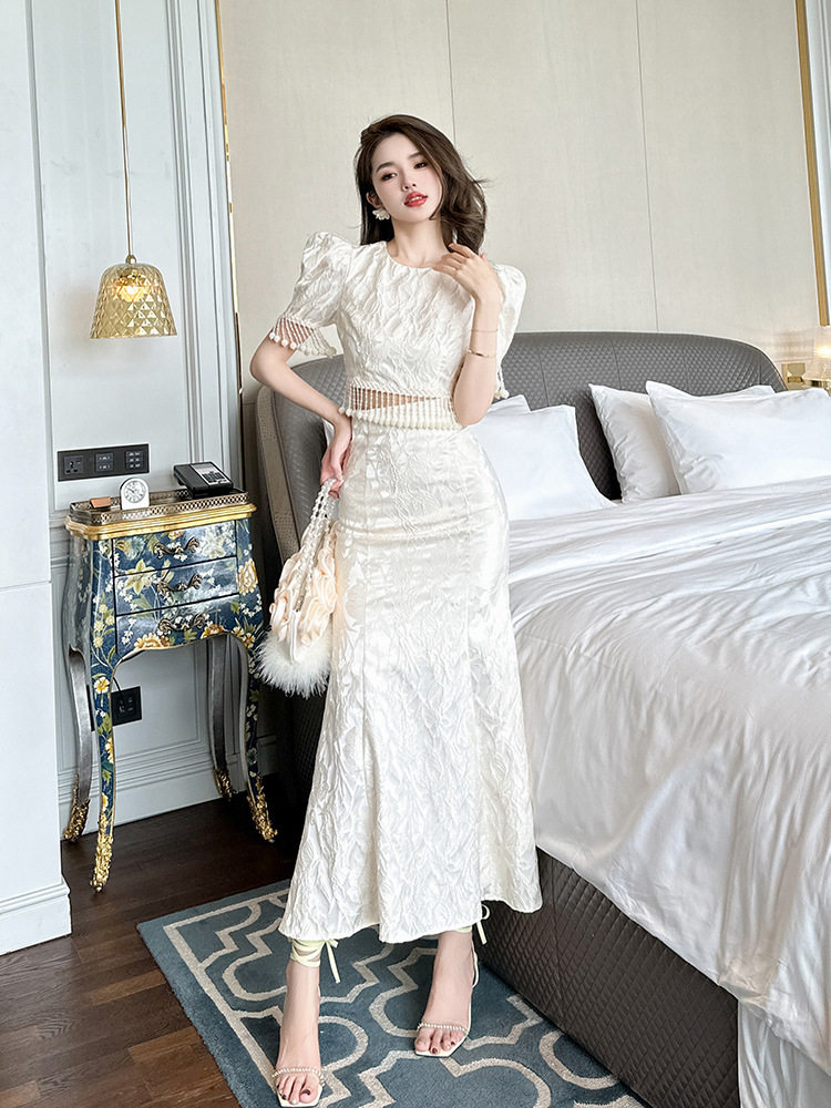 Đầm ôm body nữ cổ tròn tay bồng đuôi cá — [Màu hồng đào] chi tiết 9
