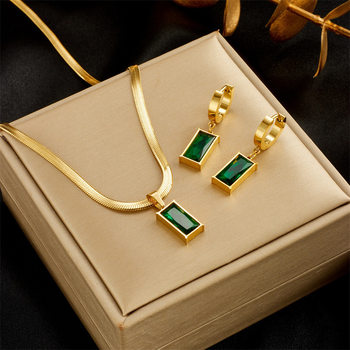 Fashionable Accessible Luxury Emerald Diamond Titanium Steel 18K Gold Necklace Women's Niche High-End Diamond Clavicle Chain Earrings Wholesale