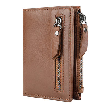 First-Layer Cowhide Men's Wallet Double Zipper Dfid Multi-Functional Retro Oil Wax Leather Wallet Genuine Leather Men's Bag Short Wallet