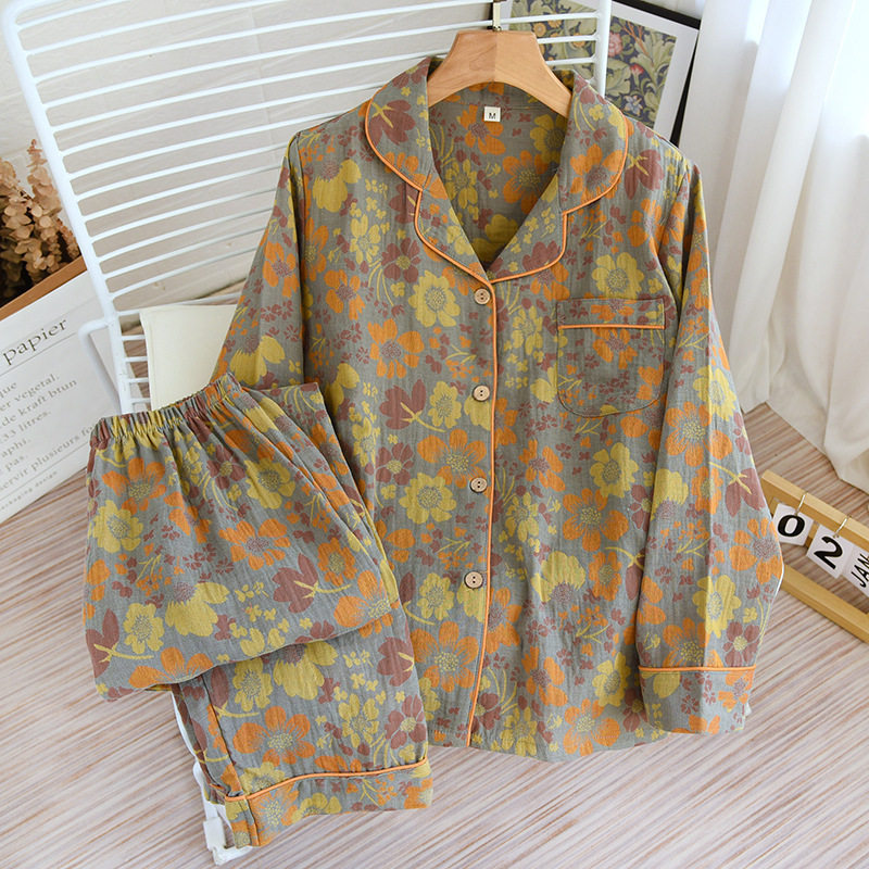 翻领双层纱布睡衣女春夏秋薄款长袖长裤套装开衫家居服二件套外穿