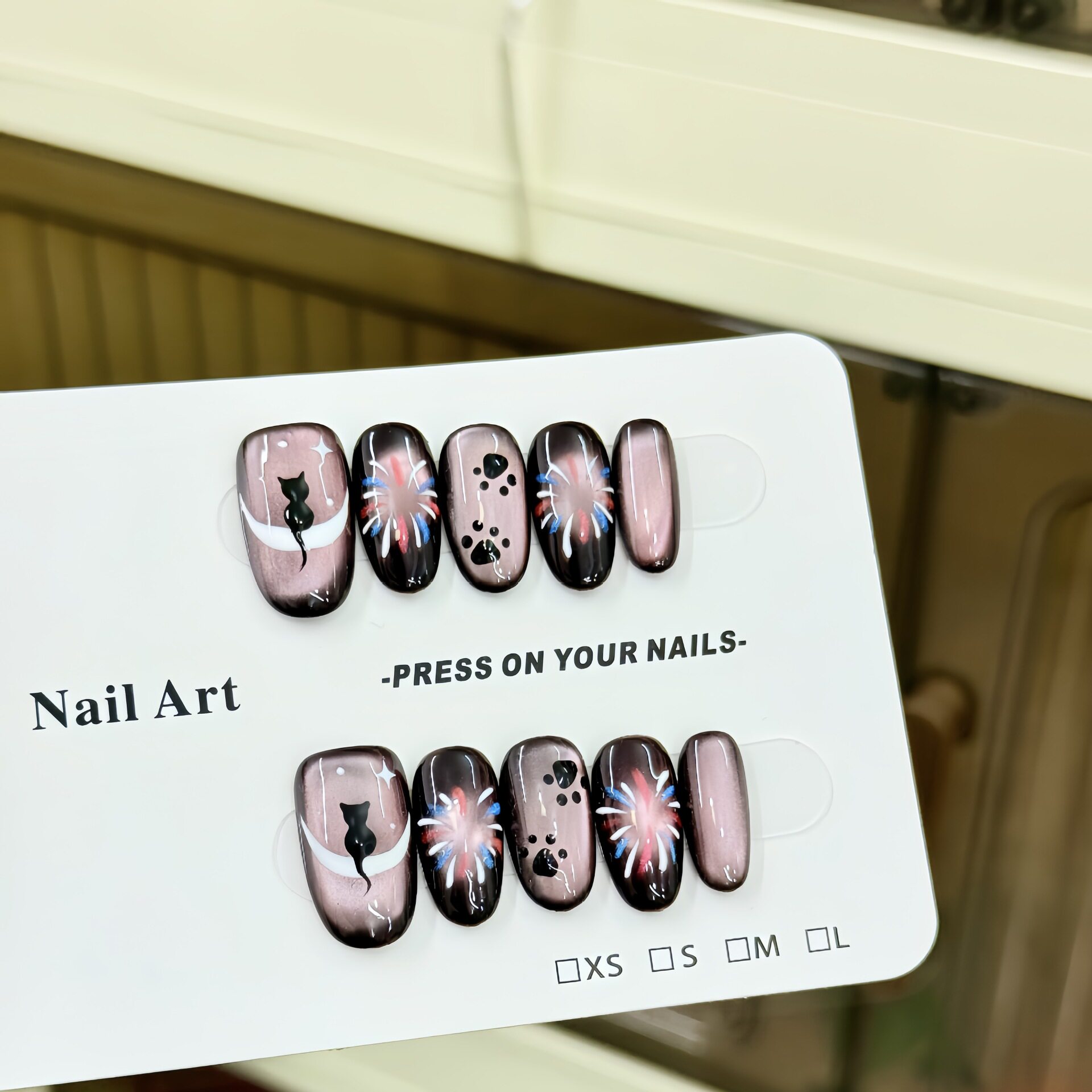 Moonlight Cat Pure Handmade Wearable Nails Purely Hand-Painted Fireworks Cute Cat Cat Eye Therapy Nails Fake Nails Nail Art Stickers