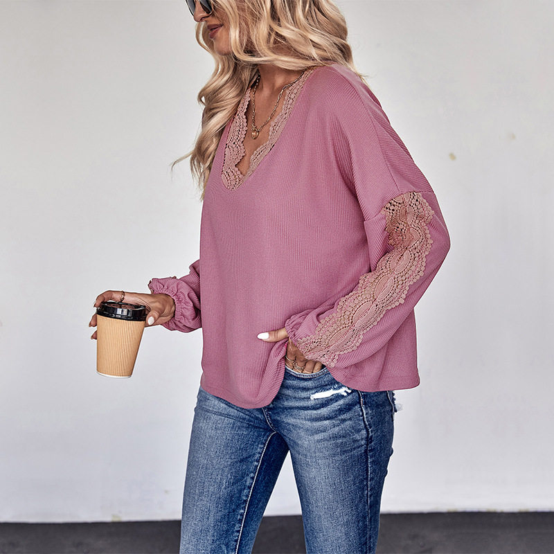 Lace V Neck Long Sleeve Top Solid Color Autumn Style European and American Fashion Wholesale Available