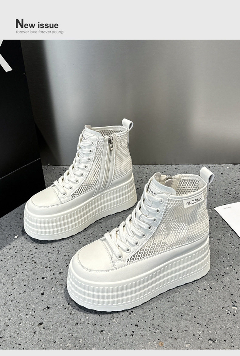 Giày sneaker nữ chunky đế dày trắng lưới thoáng mùa hè — Len tinh khiết, Đen chi tiết 13