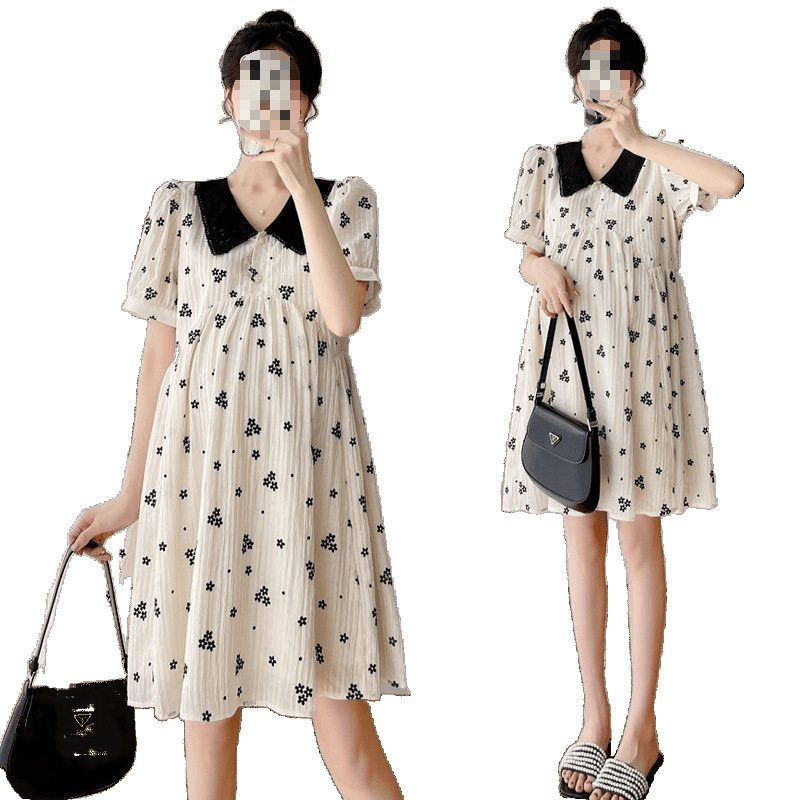 Maternity Wear Summer Internet Celebrity Korean Style Fashionable Doll Collar Loose Floral Maternity Mid-Length Slimming Maternity Dress
