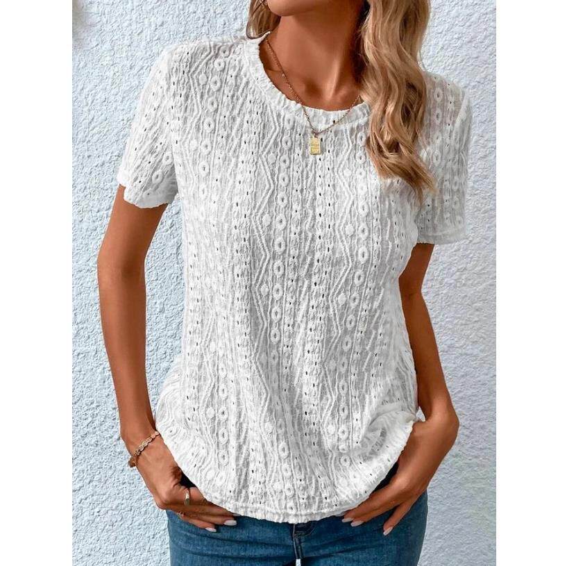 Womens Summer T Shirt Comfortable Fresh Sweet Hollow out Design Round Neck Short Sleeve Casual Wear