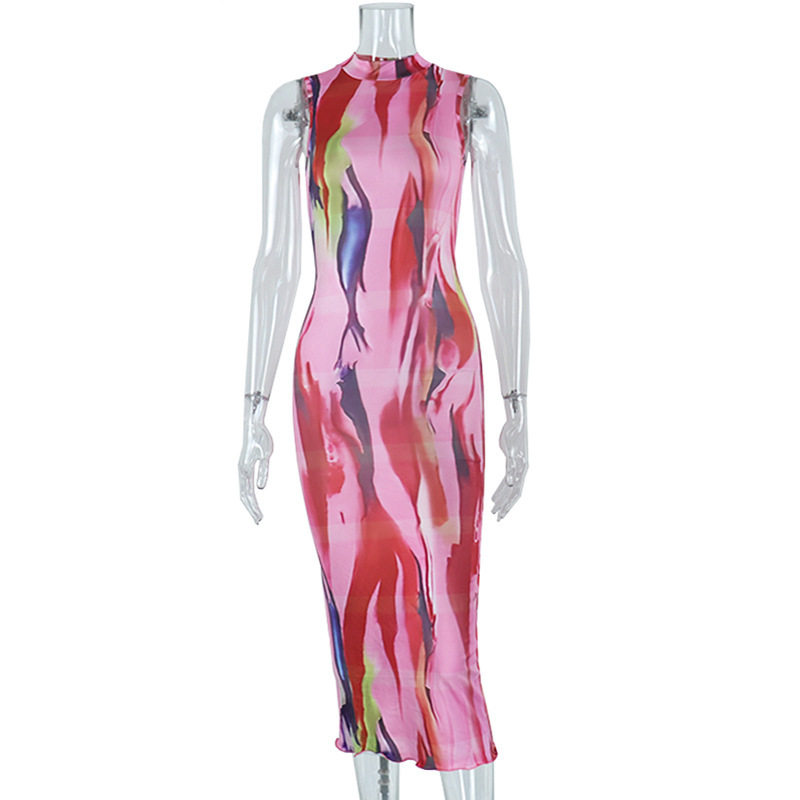 Sleeveless High Neck Bodycon Dress Fashionable Floral Print Mid Length Slim Fit Summer Casual Wear Wholesale