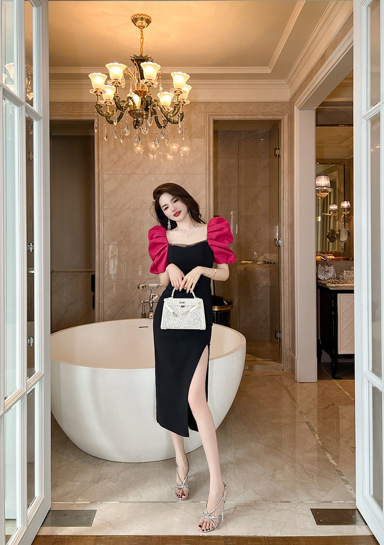 Đầm ôm body nữ phong cách Pháp cổ vuông tay bồng — [Đen] chi tiết 4