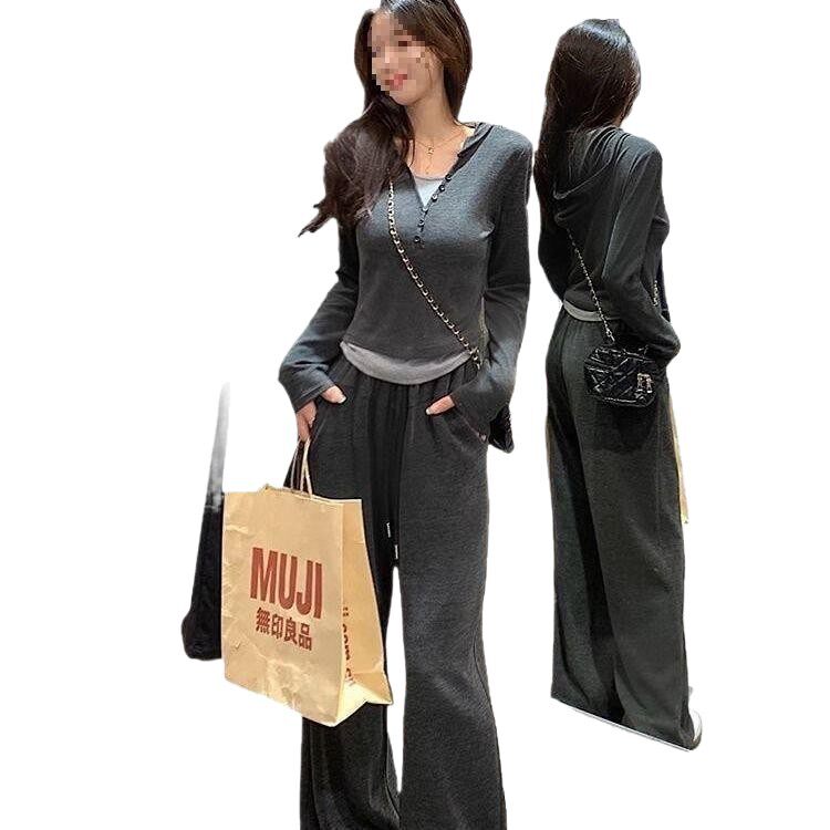 Hooded Long-Sleeved Sweatshirt Sports Suit for Women Spring and Autumn New Design Slimming Top Casual Two-Piece Wide-Leg Pants