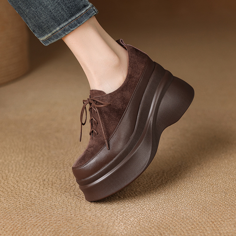 Giày lười nữ đế bánh mì gót xuồng 9cm da lộn cừu buộc dây — màu đen, Màu nâu